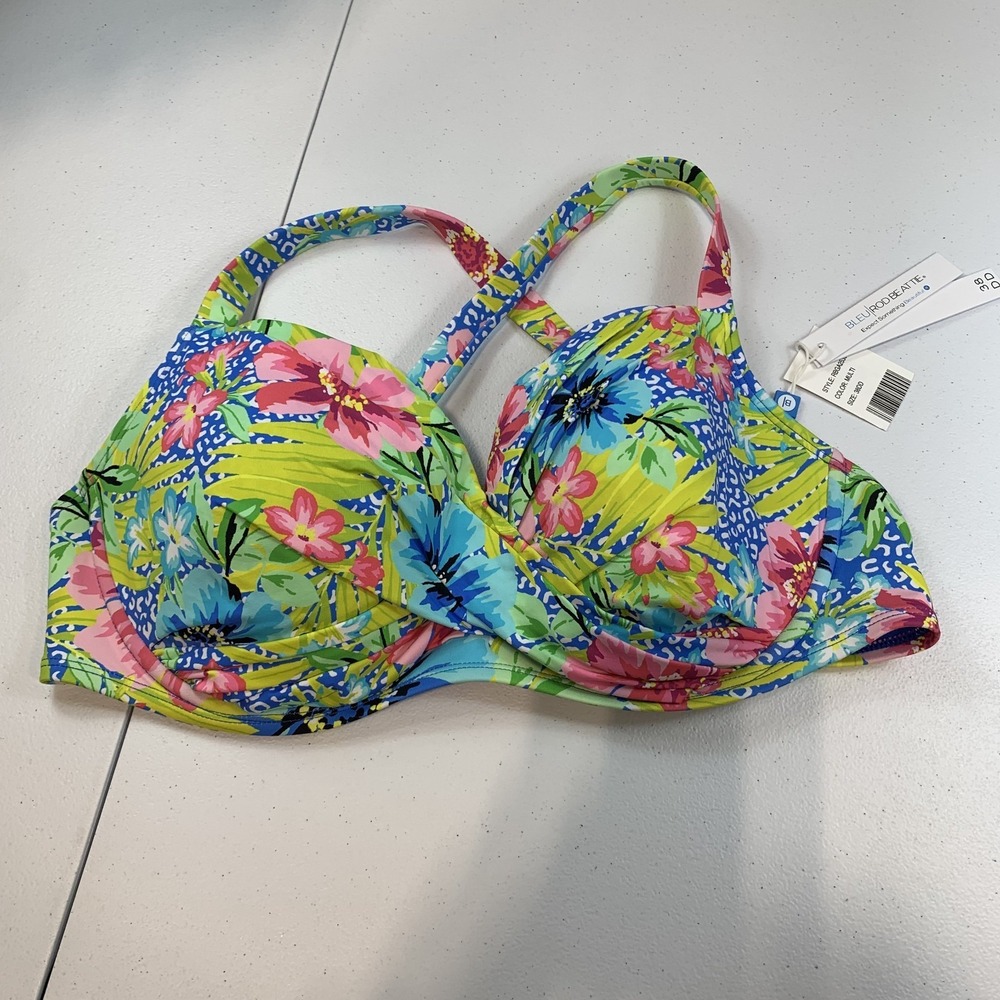 Bleu Rod Beattie Women's Swim Bikini Top‎ 38DD Tropical Floral Leopard Underwire